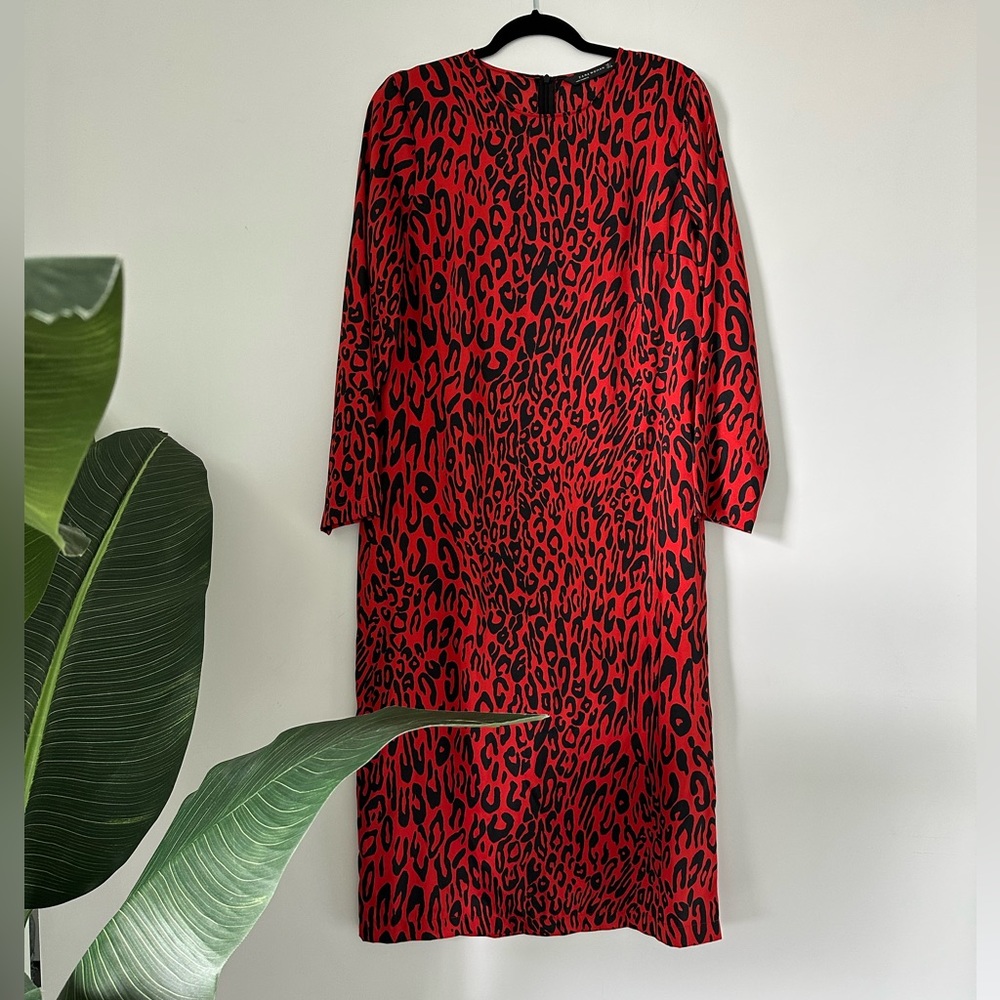 Zara Satin Red Leopard Long-Sleeved Straight Cut Maxi Dress Women’s Large